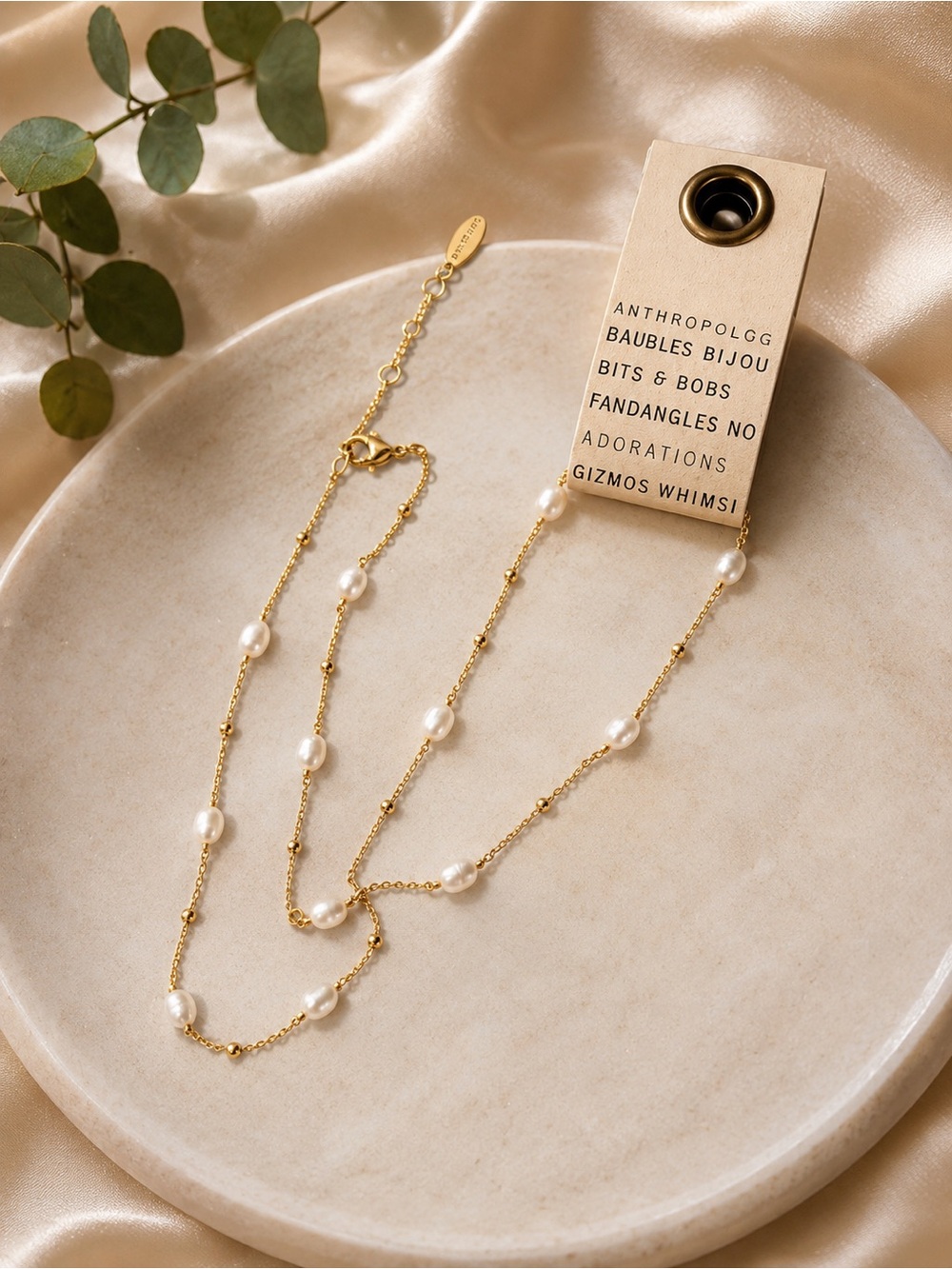 Anthropologie Gold Pearl Station Layering Necklace